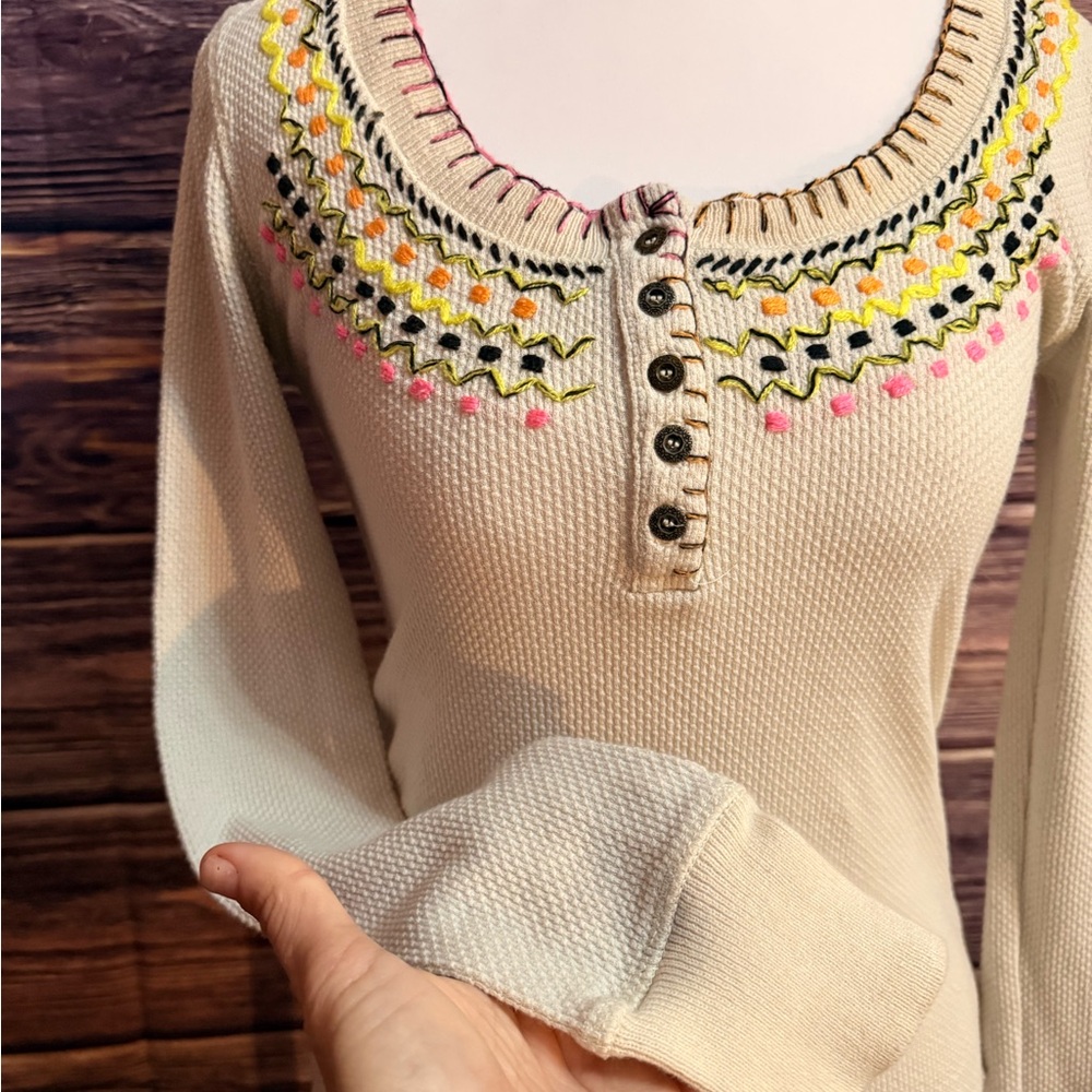 “We The Free” Cream and Pink Embroidered Long Sleeve Thermal Henley
